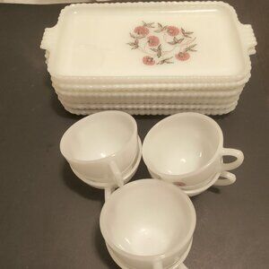Milkglass Art Deco Snack Set & Coffee Cups.Fluerette Pattern by FireKing 6 piece